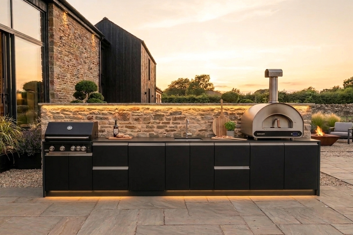Complete Fontana Ignes outdoor kitchen installed on a modern porcelain patio at a British home