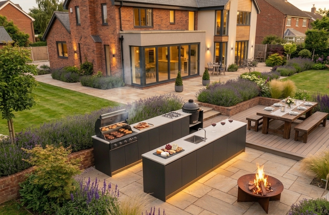 Complete Fontana Ignes outdoor kitchen with gas BBQ, kamado grill, integrated sink and extensive storage