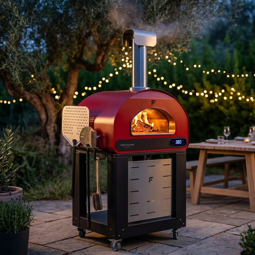 Fontana Volta 90 red pizza oven dual fuel outdoor cooking oven garden setup
