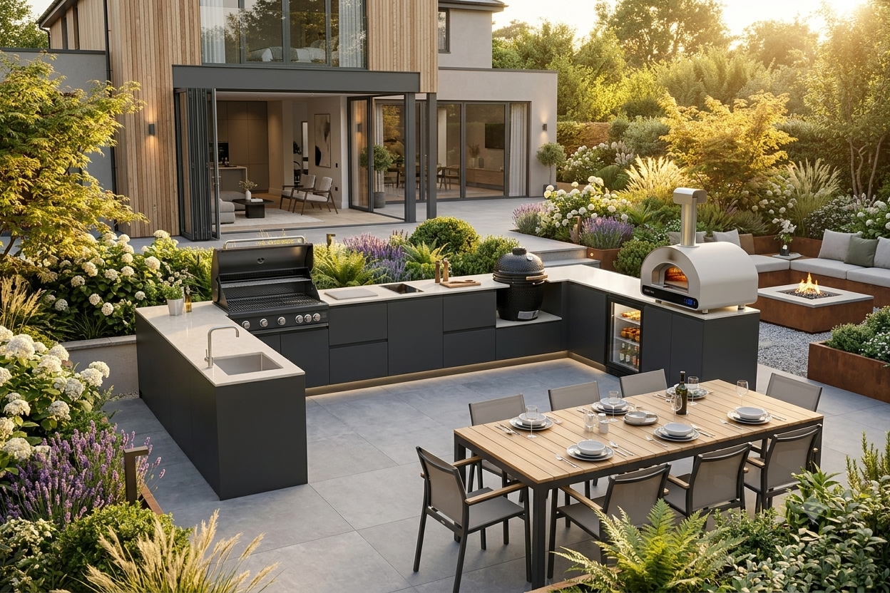 Fontana Ignes U-shaped outdoor kitchen with 5-burner gas BBQ, Kamado, pizza oven, induction hob, sink and integrated refrigeration