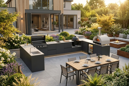 Fontana Ignes U-shaped outdoor kitchen with 5-burner gas BBQ, Kamado, pizza oven, induction hob, sink and integrated refrigeration