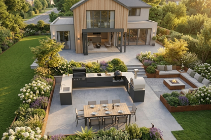 Fontana Ignes U-shaped outdoor kitchen set in UK garden with 5-burner gas BBQ, Kamado, pizza oven, induction hob, sink and integrated refrigeration