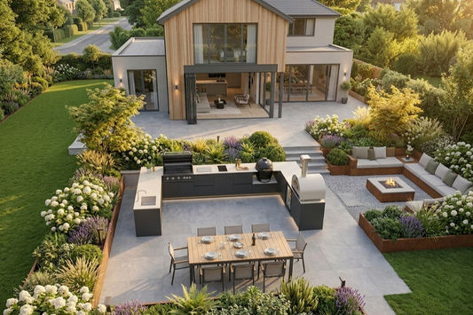 Fontana Ignes U-shaped outdoor kitchen set in UK garden with 5-burner gas BBQ, Kamado, pizza oven, induction hob, sink and integrated refrigeration