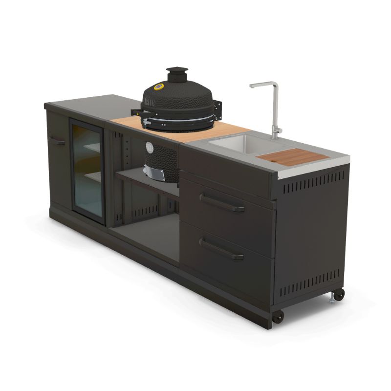 Modern modular outdoor kitchen featuring GRLLR Ember Classic 18" Kamado with prep units