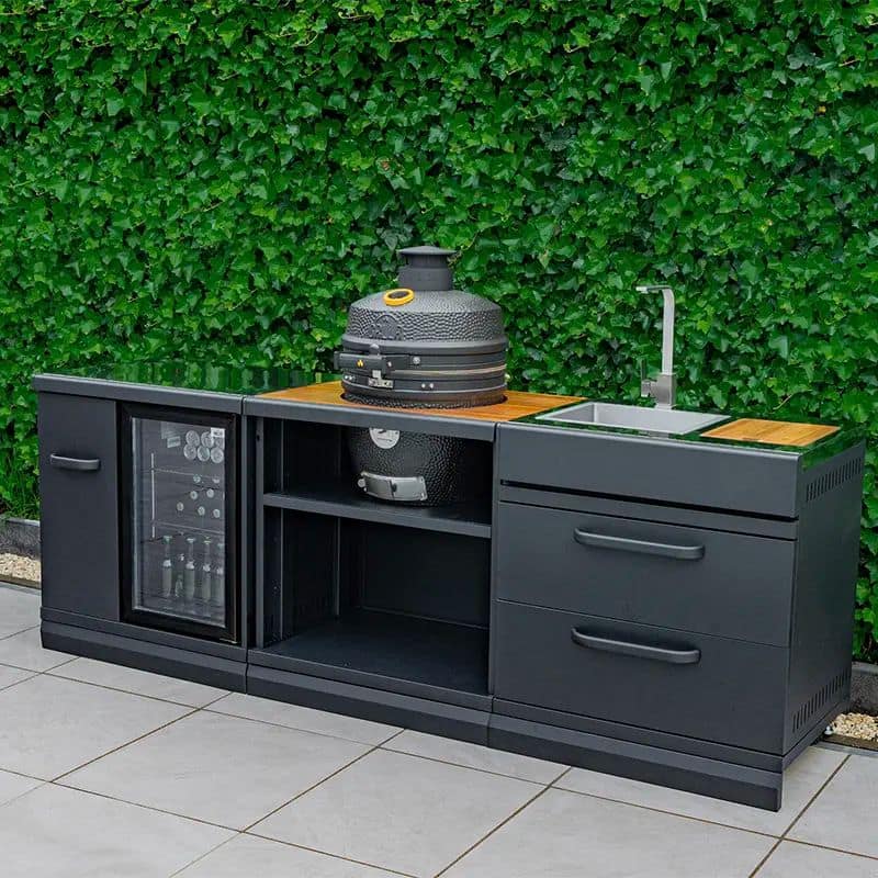 GRLLR Ember Classic 18 Inch Kamado outdoor kitchen with fridge sink and expansion unit in UK garden