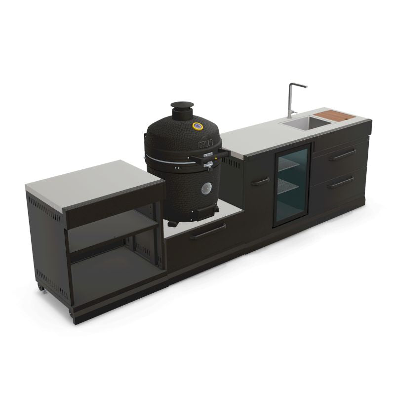 Modern garden outdoor kitchen featuring GRLLR Ember Classic 22" Kamado with fridge and sink