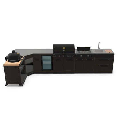 GRLLR Connect outdoor kitchen with G5S 5 burner BBQ, stove, fridge, sink and kamado unit