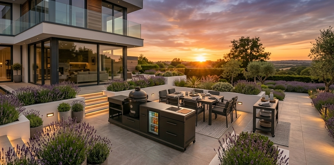 Modern GRLLR outdoor kitchen patio with sunset view, potted plants, and furniture.