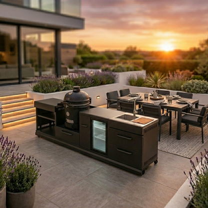 GRLLR Connect Outdoor Kitchen – Ember Classic 22 Inch Kamado with Fridge & Sink in luxury outdoor alfresco setting 