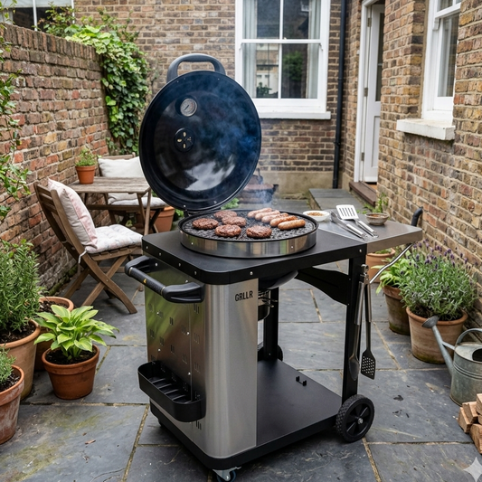 GRLLR Dome Cart Pro Kettle BBQ cooking burgers in small courtyard