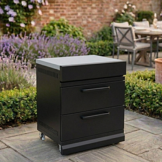 GRRLR Connect Drawer unit on a patio with garden and outdoor furniture in the background