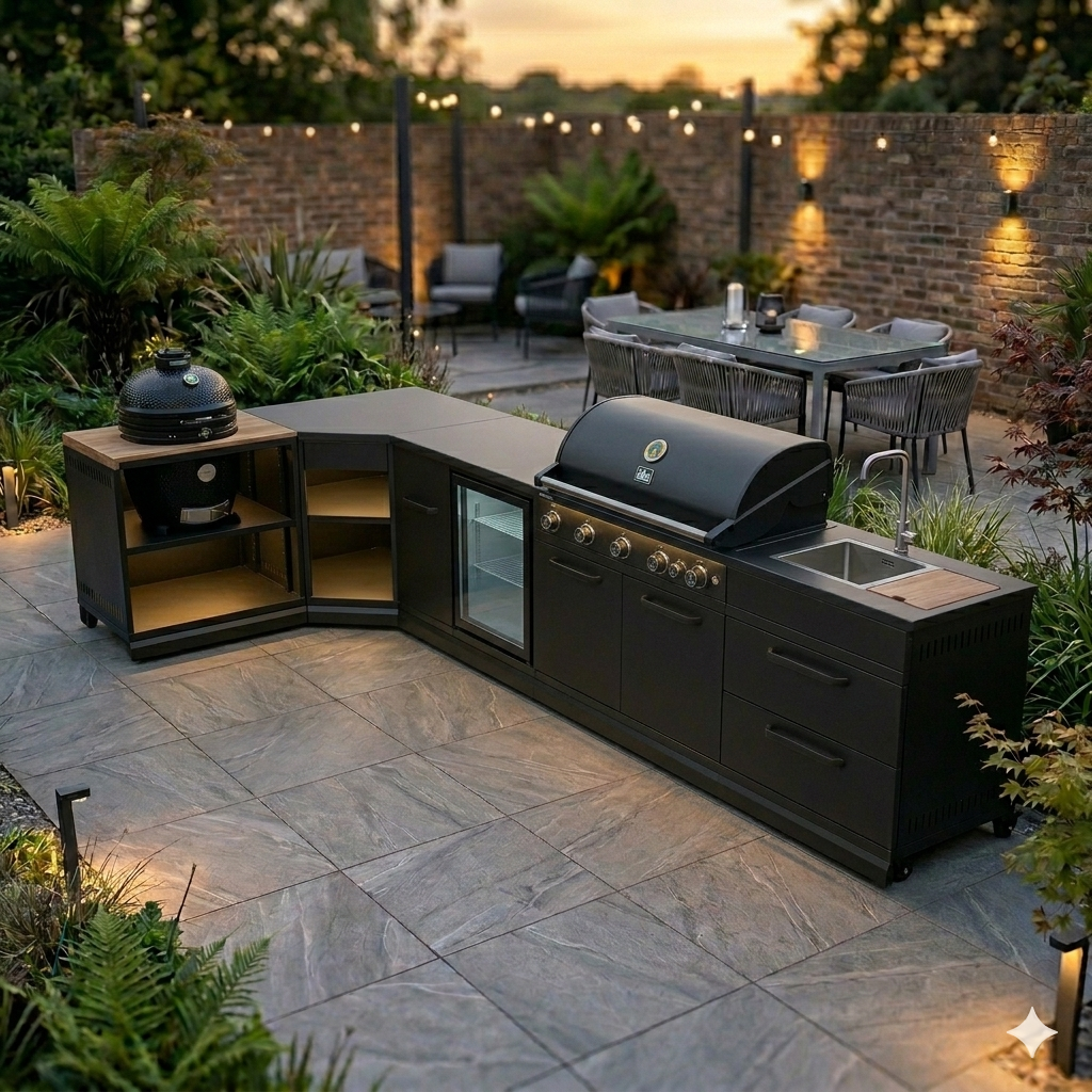 GRLLR Outdoor Kitchen - G5S 5 Burner BBQ, Fridge, Sink & Kamado Unit in stunning UK courtyard setting 