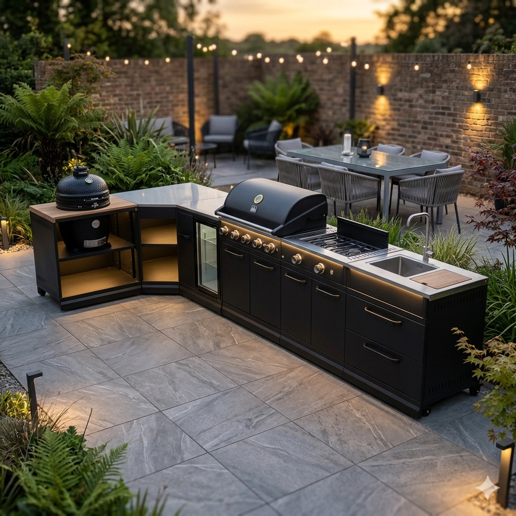 GRLLR Outdoor Kitchen BBQ, Stove, Fridge, Sink & Kamado Unit in a luxury UK patio garden 