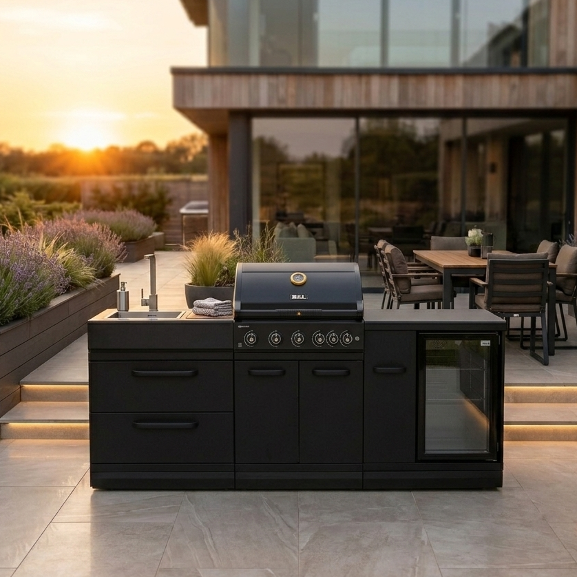 GRLLR Outdoor Kitchen – G5S 5 Burner BBQ with grill and sink in a modern patio setting during sunset.