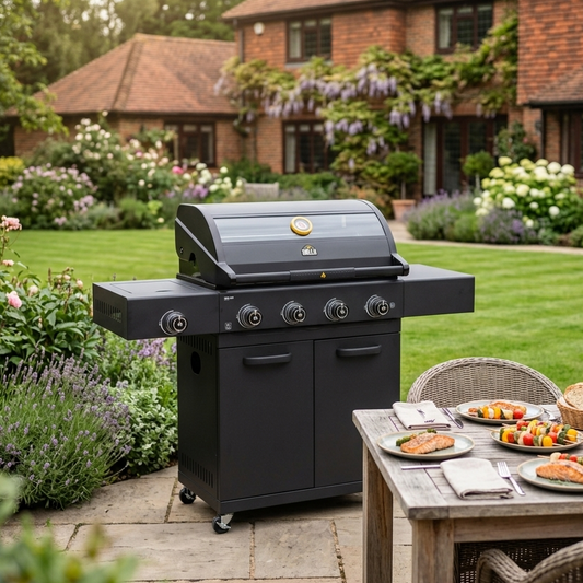 GRLLR Prime G3S – Professional 4-Burner Gas Barbecue in IK garden setting 