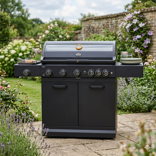 GRLLR Prime 5-Burner Gas Barbecue in UK garden setting 