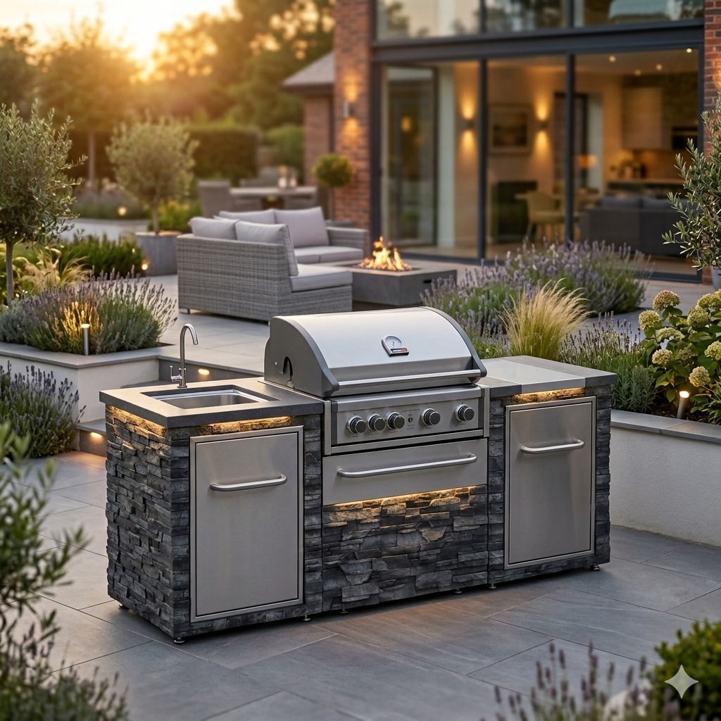GrandPro Elite G4 outdoor kitchen module with 4-burner BBQ, integrated sink, and concrete-look worktop in UK garden