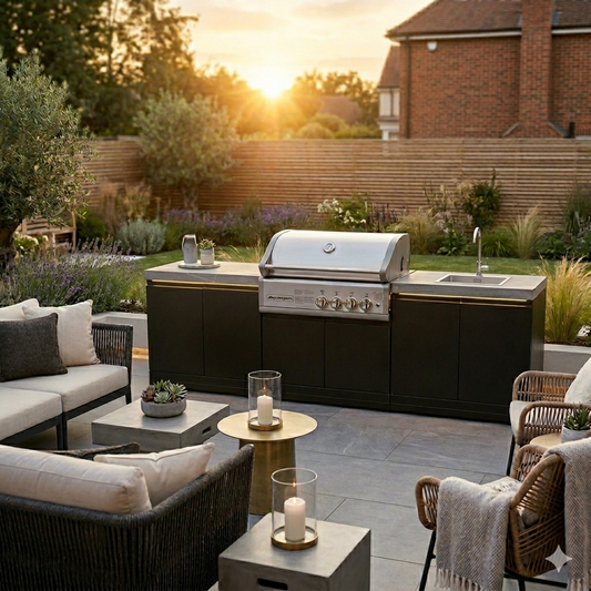 GrandPro 272 Crossray outdoor kitchen with 4 burner BBQ and built-in sink in modern garden setting