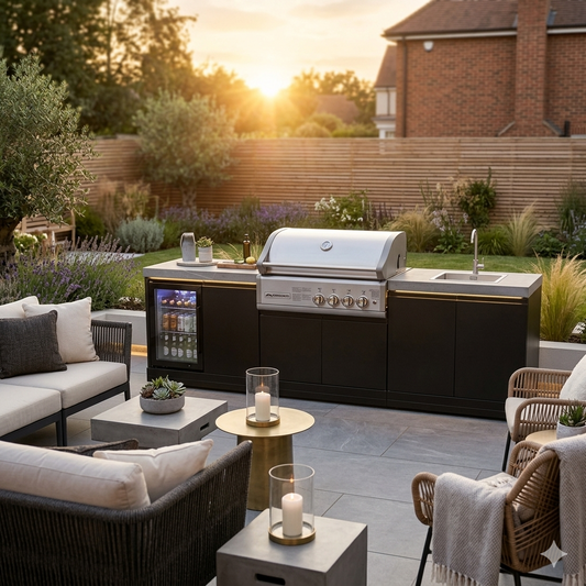 GrandPro 272 Crossray outdoor kitchen with 4 burner gas BBQ fridge and sink in modern garden setting