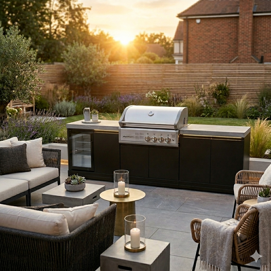 GrandPro 272 Crossray outdoor kitchen with 4 burner BBQ and built-in fridge in modern garden setting
