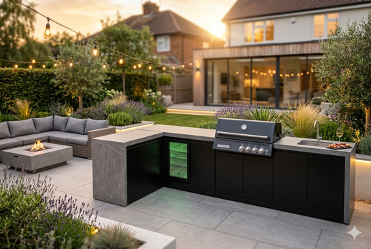 GrandPro 451 L-shape outdoor kitchen Premium G4 Plus with fridge and sink in modern UK garden