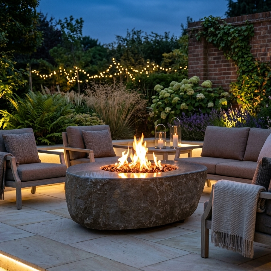Elementi Chester granite boulder fire pit natural stone outdoor heating