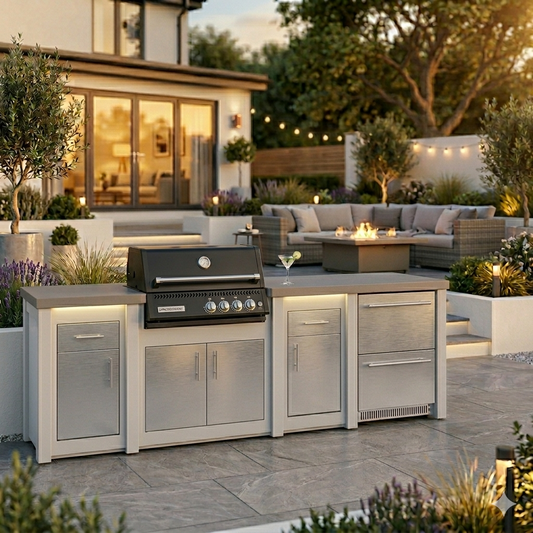 Grandpro Alu White Outdoor Kitchen with Crossray Black BBQ in luxury UK garden n setting 