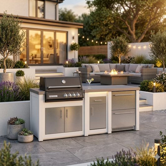 Grandpro by Stoll Aluminum Outdoor Kitchen White, Black Crossray and Double Drawer Fridge kin UK garden setting