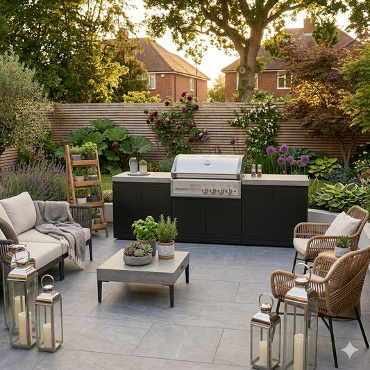 GrandPro 272 Crossray outdoor kitchen with 4 burner BBQ and built-in fridge in modern garden setting