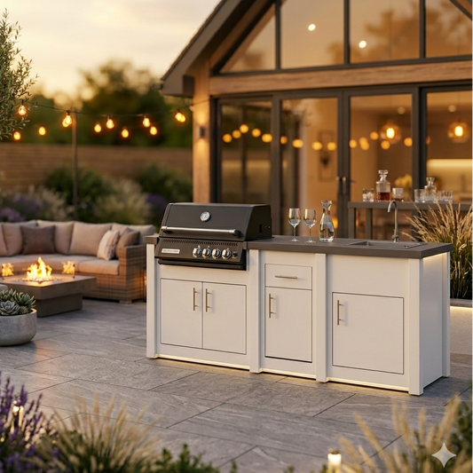 Grandpro Alu White Outdoor Kitchen with Crossray Black Infrared BBQ in luxury UK garden setting 