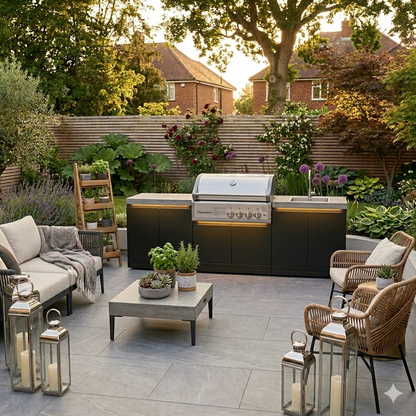GrandPro 215 Crossray outdoor kitchen with 4 burner BBQ and sink in modern patio setting