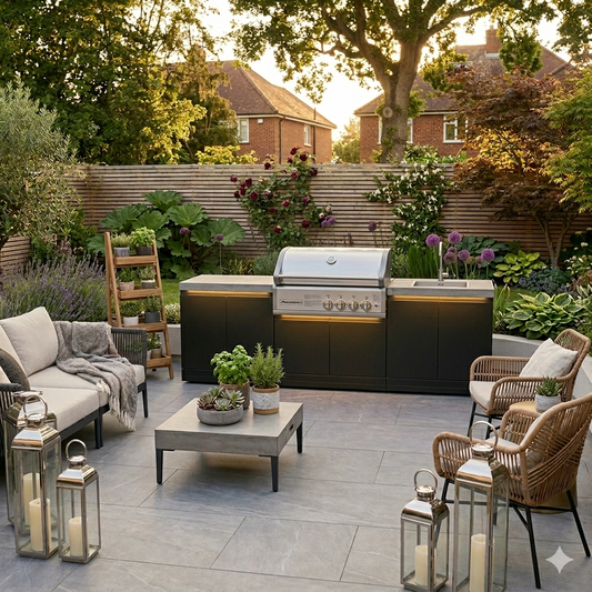 GrandPro 215 Crossray outdoor kitchen with 4 burner BBQ and sink in modern patio setting