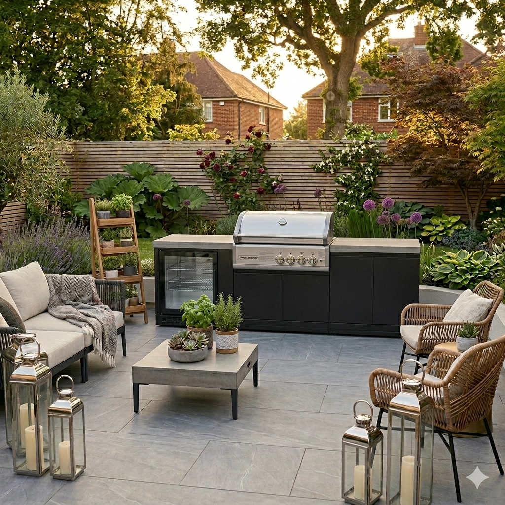 GrandPro 215 Crossray outdoor kitchen with 4 burner BBQ and fridge in modern UK garden