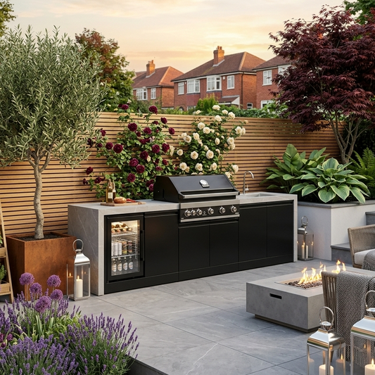 GrandPro 274 Maxim G5 Waterfall Edition outdoor kitchen with 5 burner BBQ fridge and sink in modern UK garden