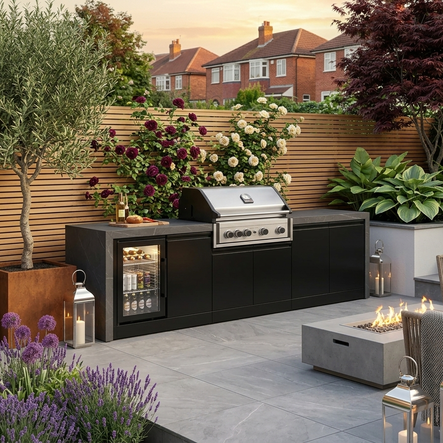 GrandPro 274 Pro Elite Waterfall Edition outdoor kitchen with 4 burner BBQ fridge and sink in modern UK garden