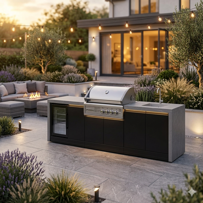 GrandPro 284 Crossray 4-Burner Outdoor Kitchen Waterfall Edition with integrated fridge and sink