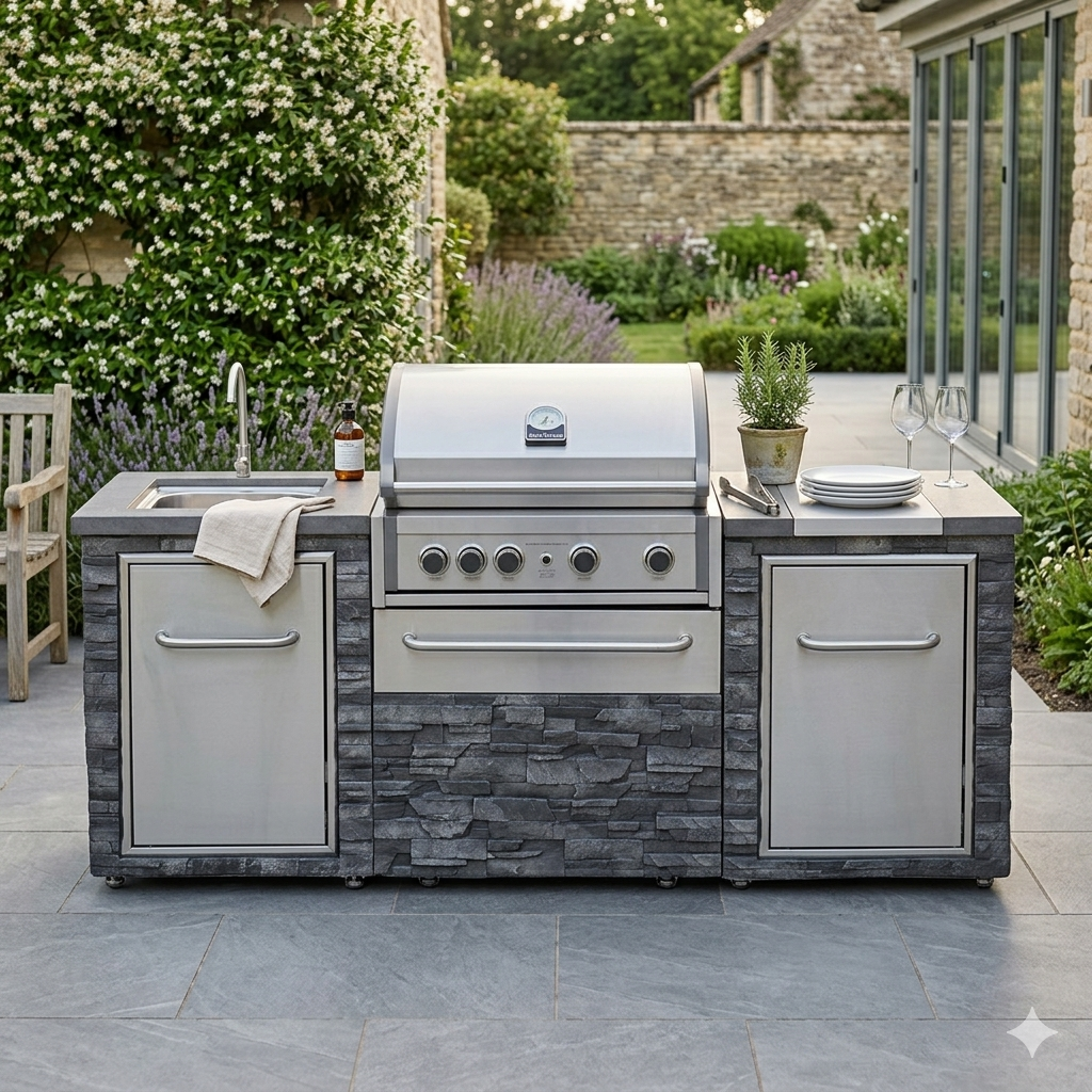 Outdoor stone kitchen island with grill and sink in a garden setting