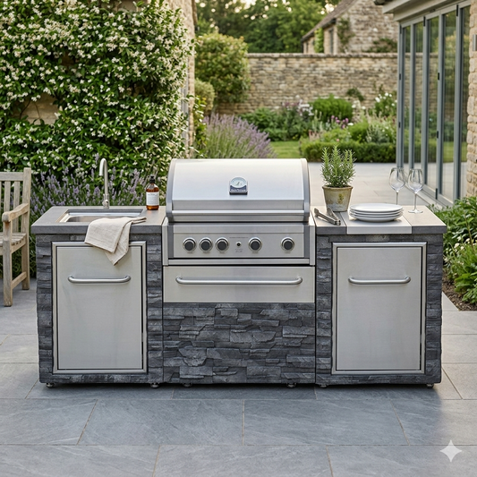 Outdoor stone kitchen island with grill and sink in a garden setting