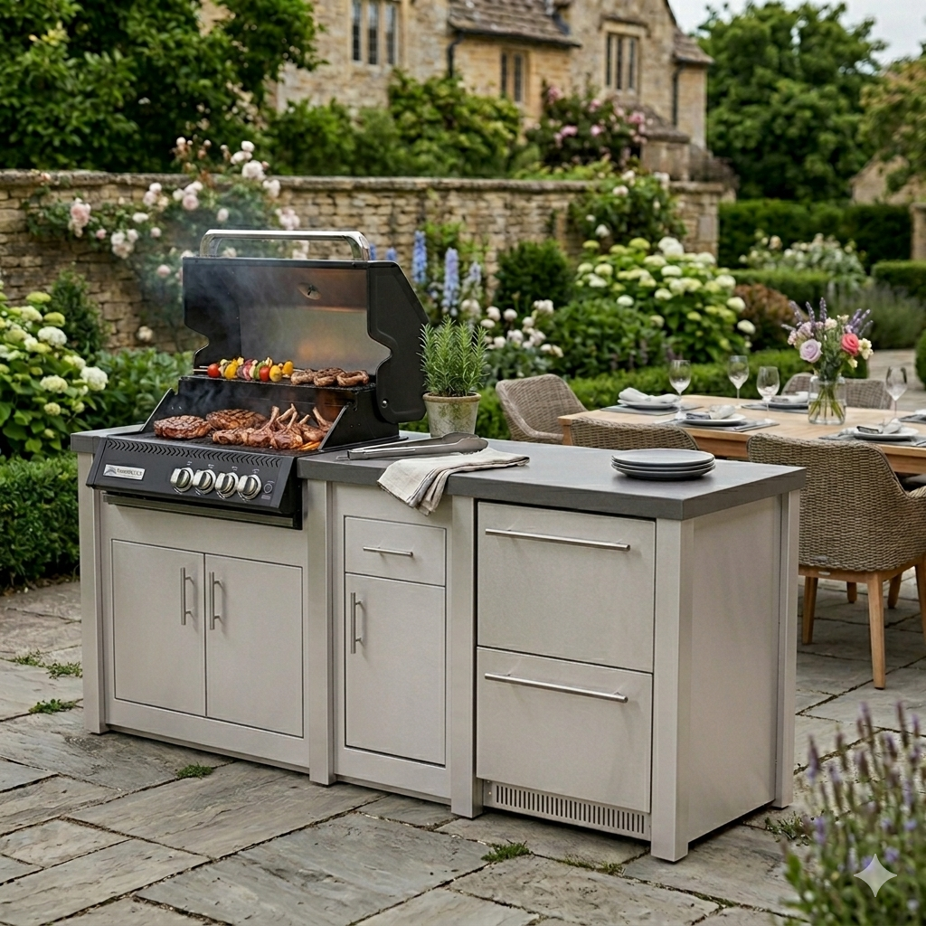 Grandpro Aluminum Outdoor kitchen with grill and dining area in a garden setting