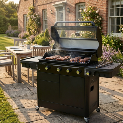 HALMO 4 burner gas BBQ outdoor grill with side burner garden setup