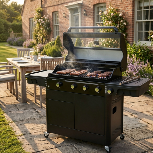 HALMO 4 burner gas BBQ outdoor grill with side burner garden setup