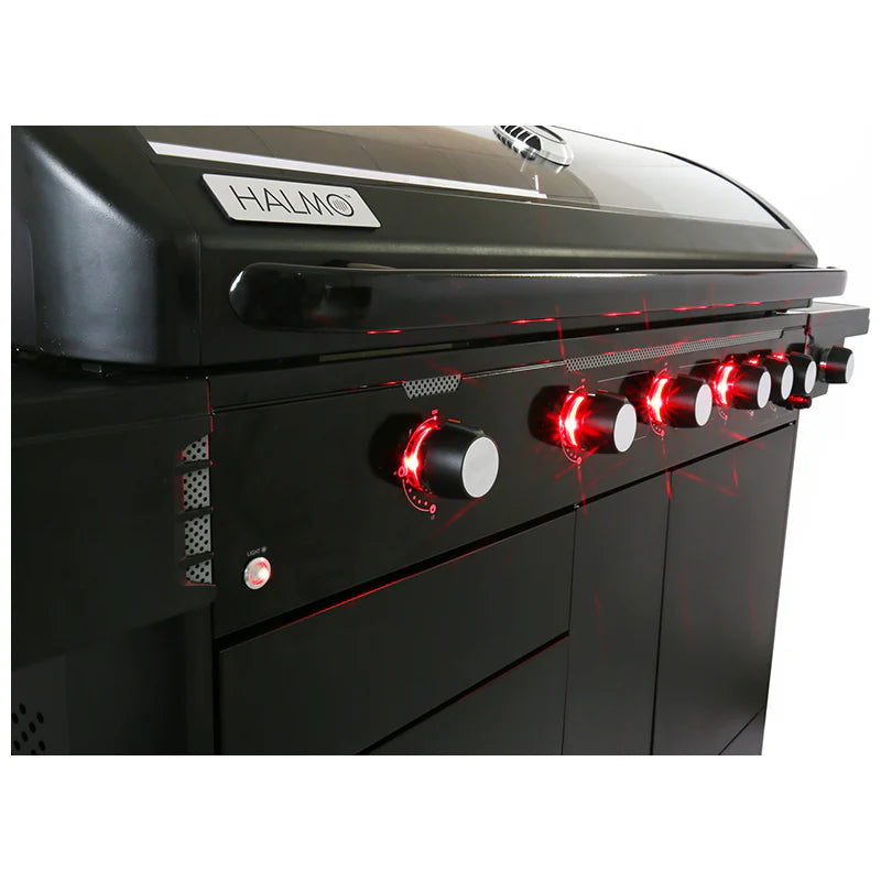 HALMO BBQ control panel burners cast iron grill and cooking surface detail