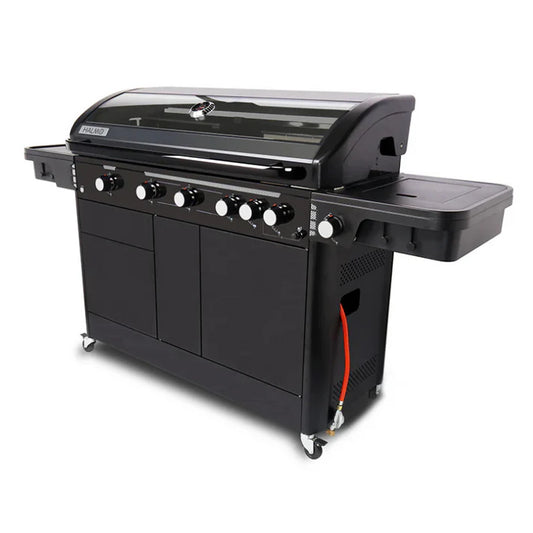 Halmo 7 Burner Premium Gas Barbecue with side, wok, and rotisserie burners