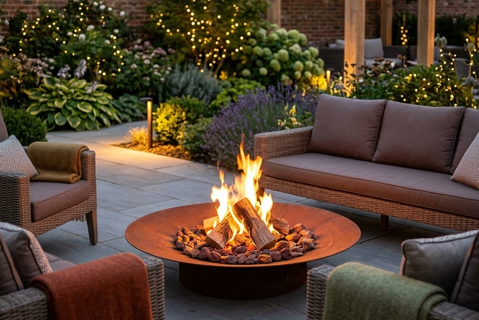 Martinsen Outdoor patio with fire pit, seating area, and garden lights