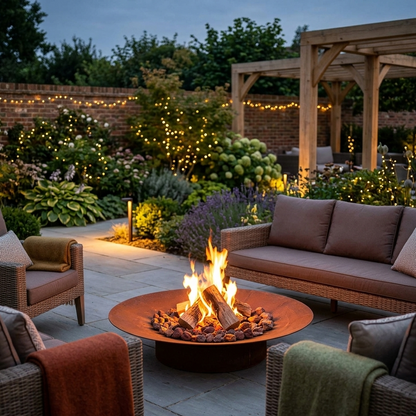 Martinsen Outdoor patio with fire pit, seating area, and garden lights
