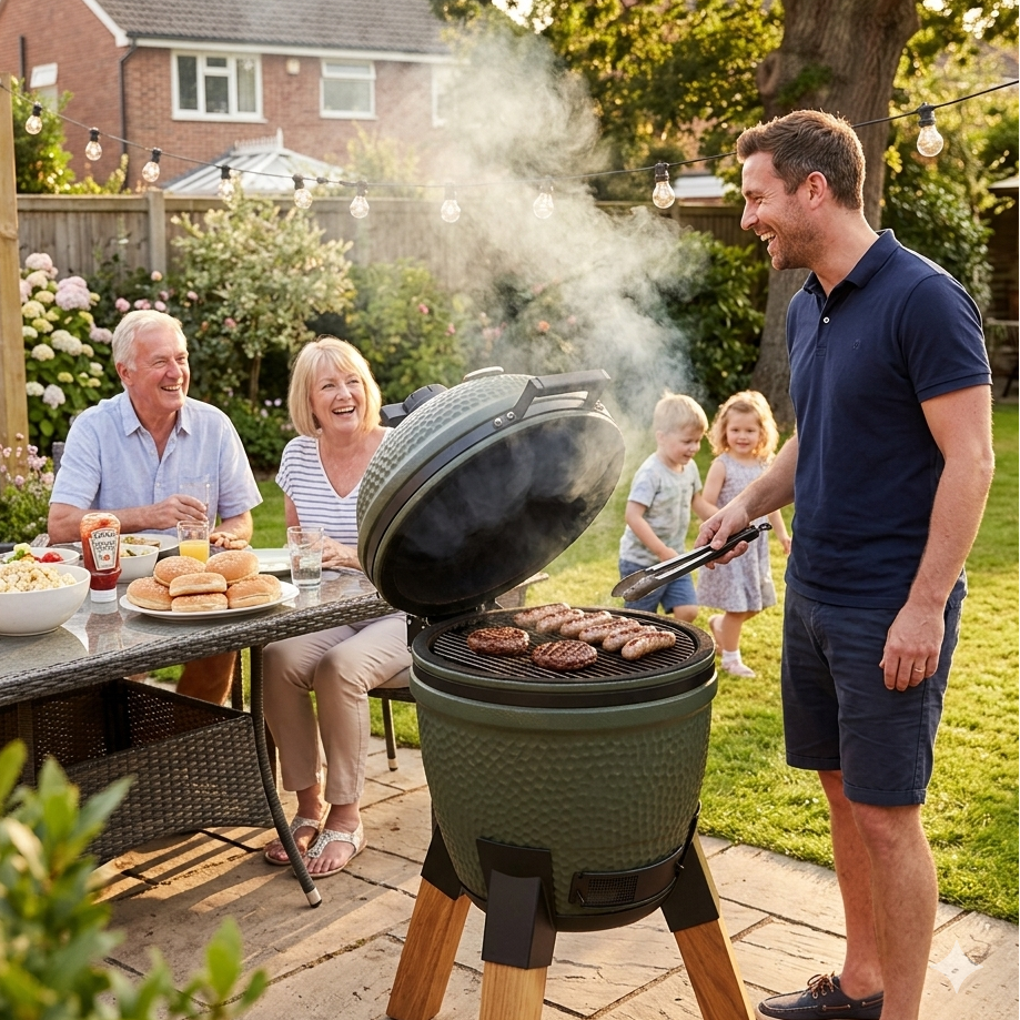 Moddern Kamado BBQ with Pedestal Family gathered around a grill in a backyard setting
