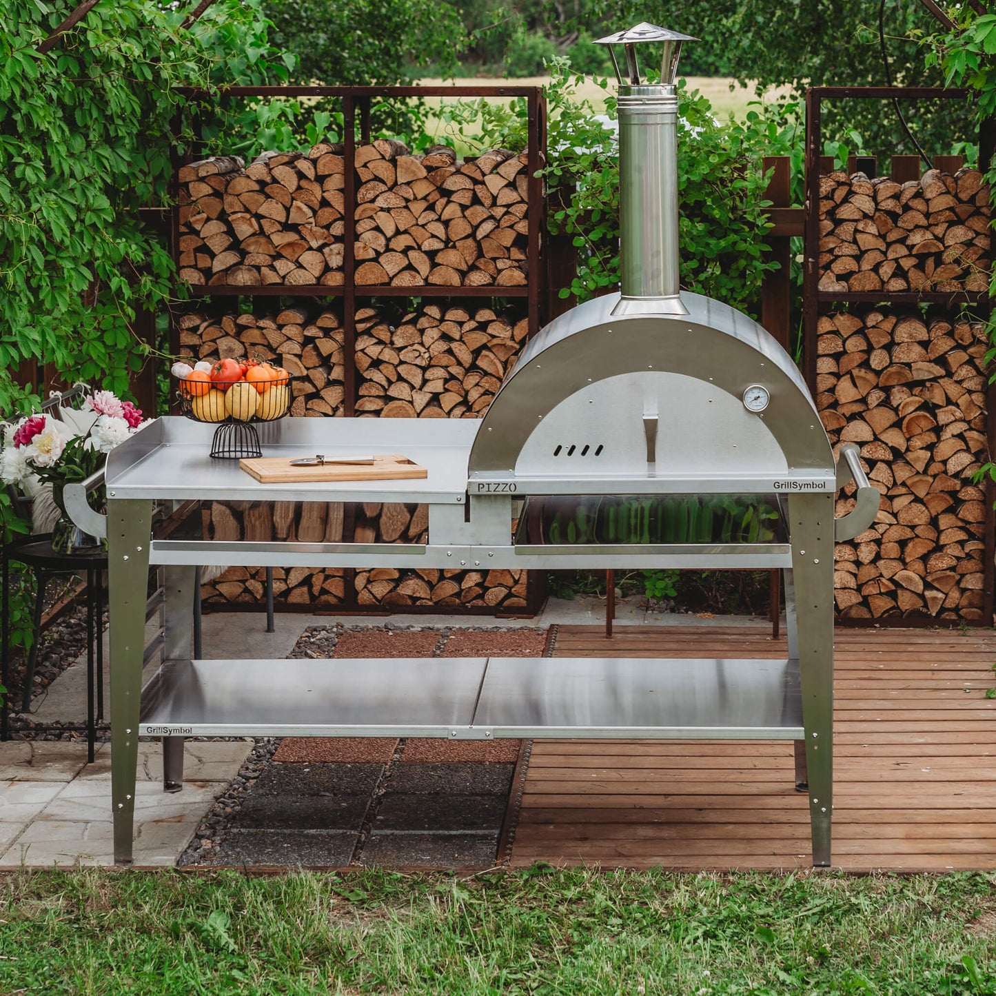 GrillSymbol Wood Fired Pizza Oven with Stand and Side Table Pizzo-XL-Set-Inox