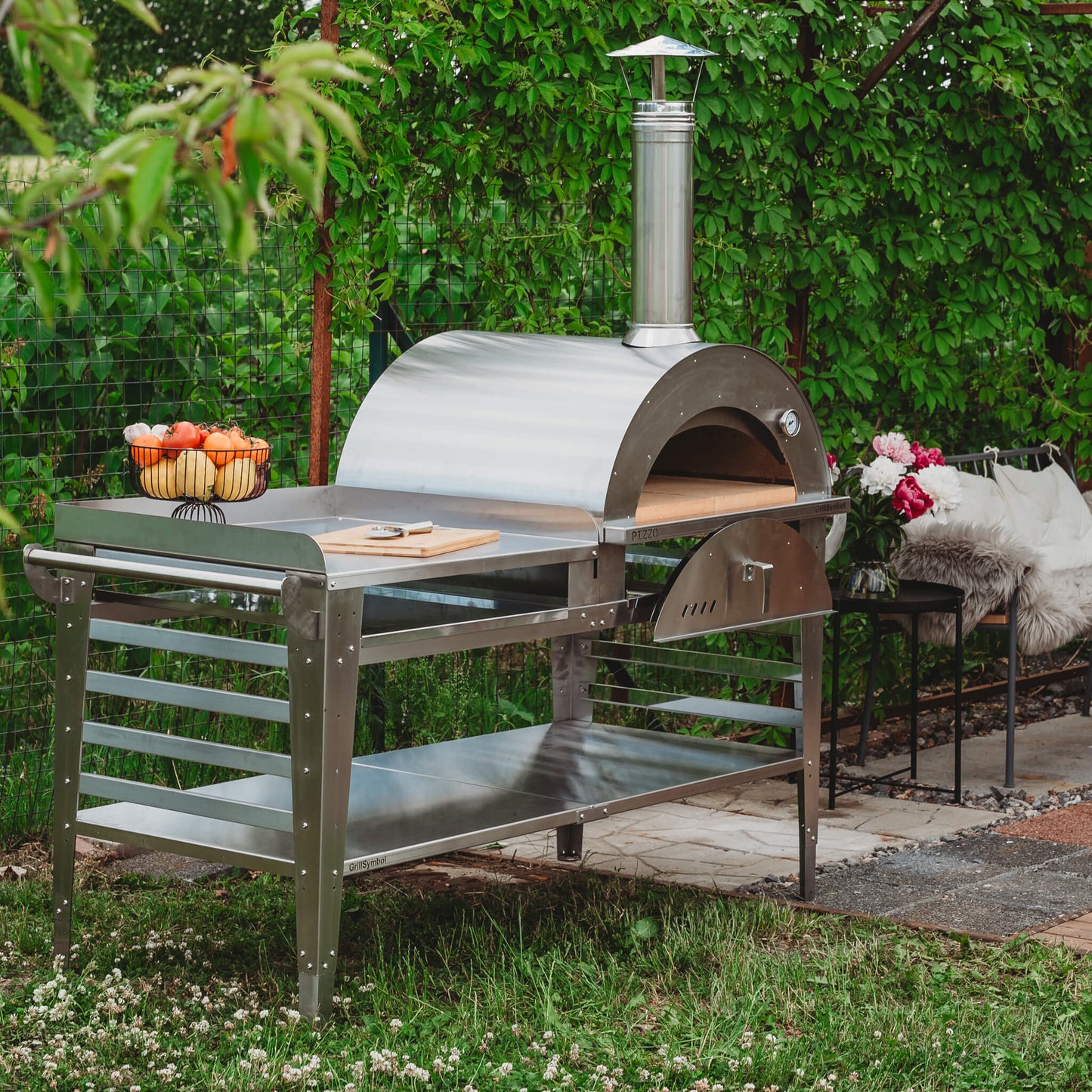 GrillSymbol Wood Fired Pizza Oven with Stand and Side Table Pizzo-XL-Set-Inox
