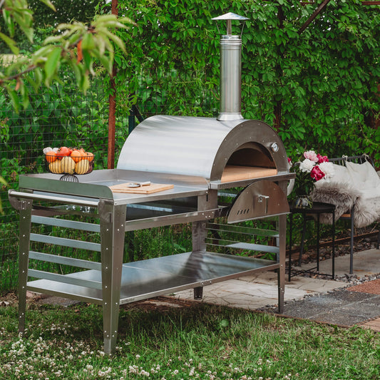 GrillSymbol Wood Fired Pizza Oven with Stand and Side Table Pizzo-XL-Set-Inox