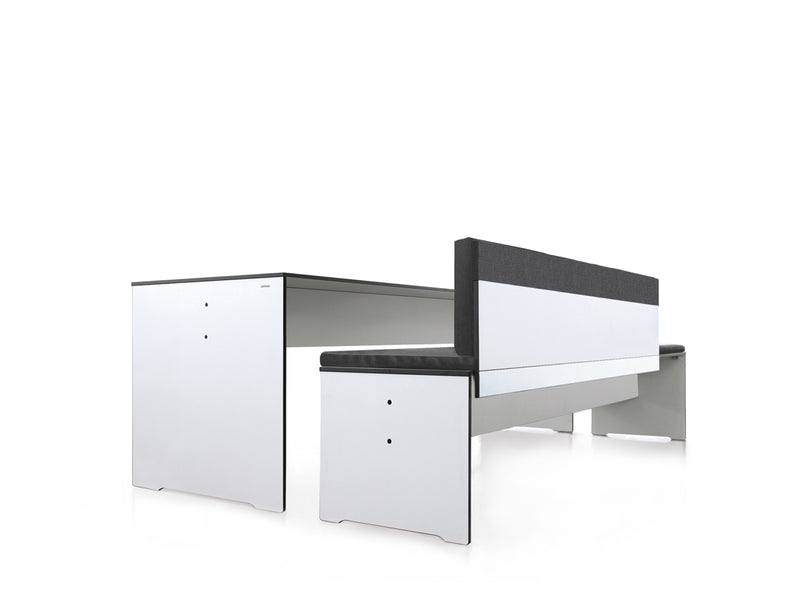 onmoto RIVA white table and bench with backrest in minimalist HPL design for outdoor dining